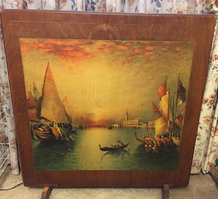 Antique Folding Card Table Converts into Fireplace Screen (Ships / Sailing Lithograph)