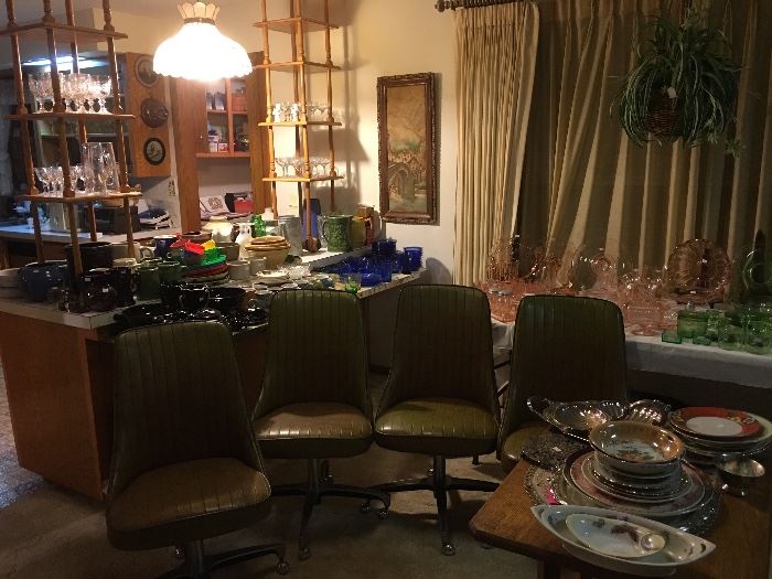 Set of Four Retro Mid Century Green Swivel Rolling Chairs