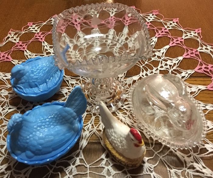 Heisey Mark Blue Slag Glass Rooster & Bird Nesting Dishes, LE Smith Easter Rabbit Bunny Nesting Dish