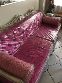 Hot Pink Crushed Velvet Sofa - upholstery has been protected in plastic slip covers all this time 86" long