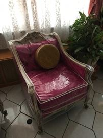 Hot Pink Crushed Velvet Chair - upholstery has been protected in plastic slip covers all this time 35 x 27