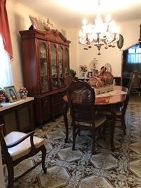 China Cabinet 71" long, 6'7" ht - it's 2 pieces. (4 glass doors, 2 deep drawers and 2 cabinets. Dining room table 62" plus (2) 18" leaves, 6 chairs