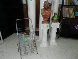 Pedestals, rolling cart, bust, brass