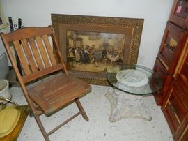 Wooden folding chair, Artwork, glass top side table