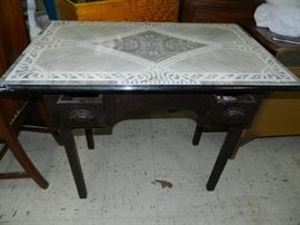 Porcelain table top, Black two drawer chest - will sell both for one price