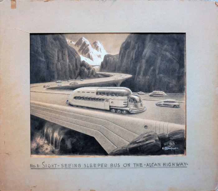 Signed vintage artwork by Alexander Leydenfrost titled: No. 1 Sight-seeing sleeper bus on the Alcan Highway