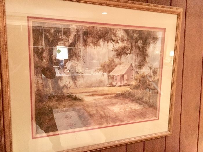 Bill Stracener painting; unusual sofa size of a Cajun Cabin