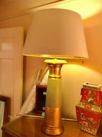 Original signed Burts Cason cast plaster hand finished and gilded large table lamp with shade in perfect condition