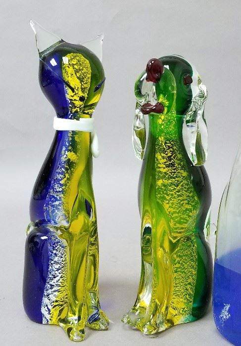 large solid art glass cat and dog