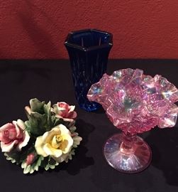 Cut to Clear Cobalt Blue Vase, Capo diamante' Porcelain Rose Candlestick Holder, Fenton Carnival Glass Rose Colored Candy Dish