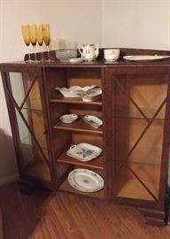 Curio Cabinet, Assorted Vintage China, Amber Stemware