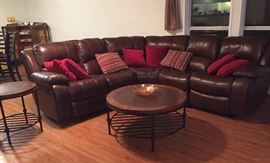 Leather Sectional Sofa with End Recliner/Rockers Throw Pillows, Round Leather In-Lay Wrought Iron Frame