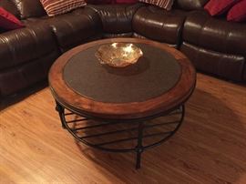 Round Leather In-Lay Wrought Iron Frame Coffee Table