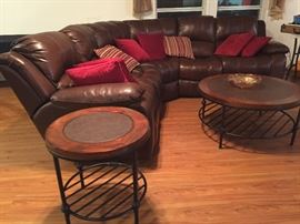 Leather Sectional Sofa with End Recliner/Rockers Throw Pillows, Round Leather In-Lay Wrought Iron Frame Coffee & End Table