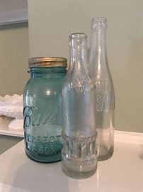 OLD Ball Jar w/ Glass Lid & OLD Soda Bottles