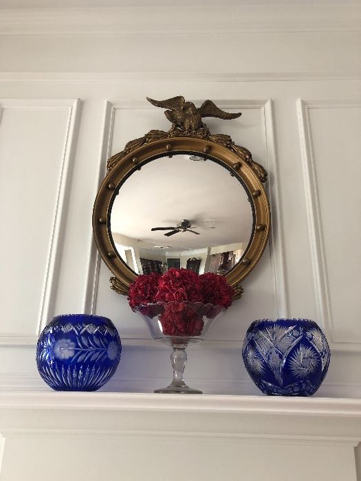 Antique-Federal Eagle, Gold Giltwood, Convex Mirror, Bohemian Cobalt Glass, Decor