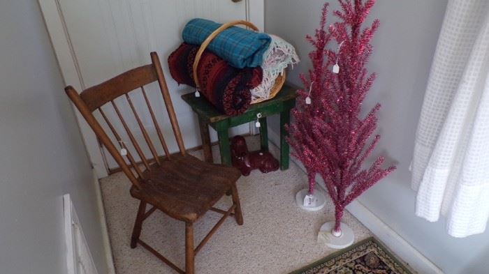 small Chair, small Table with drawer, 2 pink Trees, several Throws