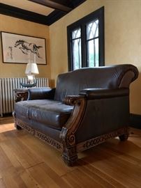 High Back Leather Sofa Set with Carved Frame