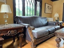 Leather High Back Sofa Set with Carved Frame