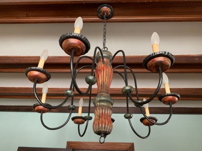 Wrought Iron and Painted Wood Eight Arm Chandelier