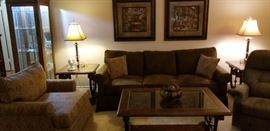 La Z Boy sofa, recliner and 3 piece lamp/coffee table set.