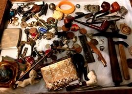 Mixture of fun vintage collectibles, pipes, medals, buttons, etc.