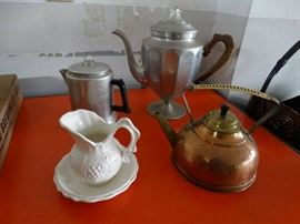Tea kettle, 2 aluminum coffee makers, glass creame ...