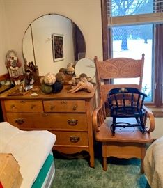Vintage Dresser with Circle Mirror, Antique Commode Chair