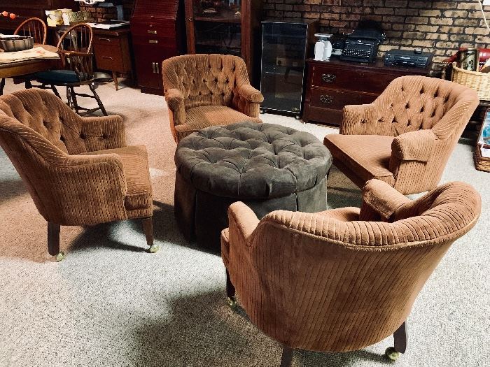 Barrel Chairs and large tufted footstool