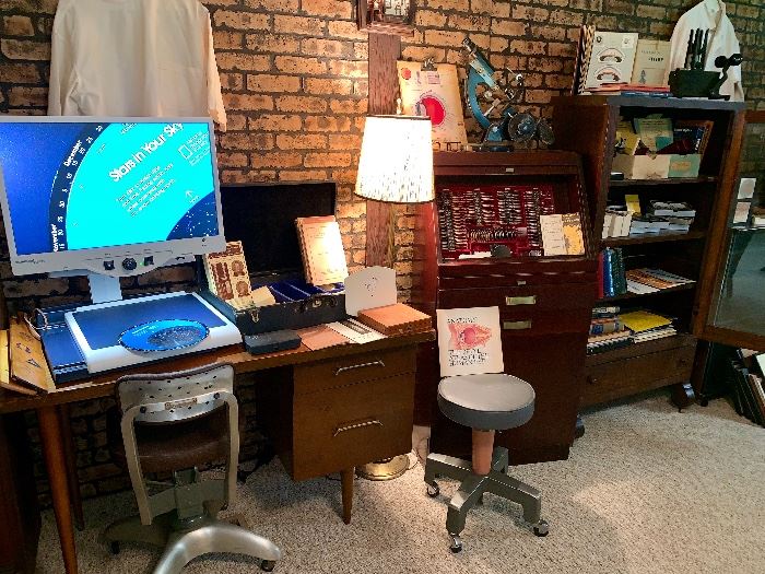 THE DOCTOR IS IN.... VINTAGE OPTICS OCULIST EYE TEST LENS GLASSES OPTICAL KIT OPTOMETRIST WITH DISPLAY ROLL TOP DISPLAY CABINET, DOCTORS ADJUSTABLE STOOL, VINTAGE OPTICAL BOOKS AND PAMPHLETS, 