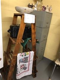 Fun Ladder Plant Stand with some vintage items.... 4 drawer metal filing cabinet....