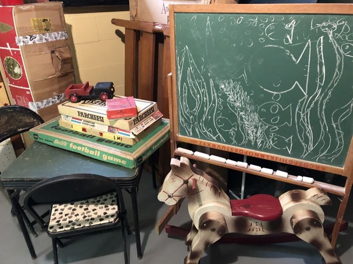 Children's Rocking Horse, Table & Chairs, Chalk Board, Games....