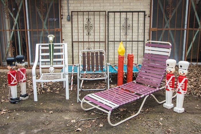 Vintage Christmas:  $30.00 (entire set)  White Chairs (2 available) $5.00pr.  Brown Wood Vintage Folding Chair:  $8.00.  Purple Chase Lounge:  $20.00. 