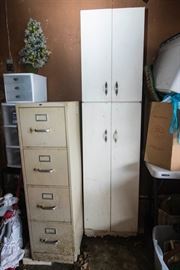 Left to Right:  4 Drawer Metal File Cabinet:  $12.00  Vintage Metal 4 Door Storage Cabinet:  $45.00