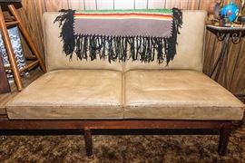 MCM Leather 3 Cushion Sofa w/Center Table. (needs 3rd cushion and back): $250.00 (Dimensions: 15"h to seat/31"h to back of seat x 96"w x 25.5"d)