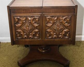 Mid Century 1960's Portable Bar.  Oak Veneer Carved Look.  (26.5"h x 22" w x closed/45" w open x 21"d:  $160.00