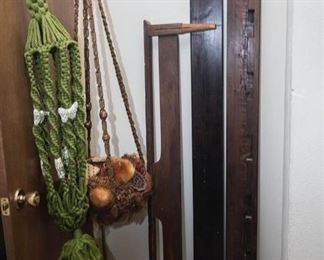 Retro Macrame Hangers:  $8.00ea.  MCM Footboard:  $27.00  Solid Pine Ranch Decor. 2 Available.  $27.00ea.