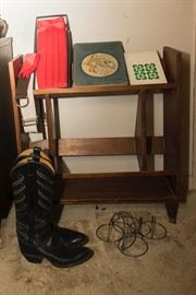 MCM Book Rack (1'10"h x 21"w x 8"d): $39.00 SOLD Black Leather Tony Lamas. 6B:$120.00 Nursery Rhyme Book: $22.00