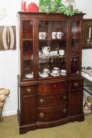 1930's Mahogany Veneer China Cabinet.  1 Drawer, 2 Doors, 3 Shelves.  (70"h x 43"w x 13"d):  $400.00