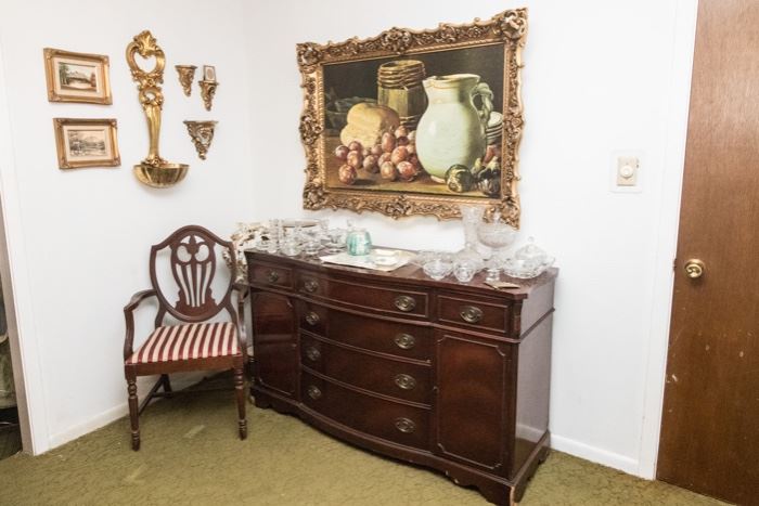 Gilt Wall Art Ladle:  $18.00  Still Life and Gilt Frame:  $60.00  Bow Front Mahogany Veneer 1930's 6 Drawer/2 Door Sideboard. (34"h x 60"w x 19"d):  $390.00 (as is)