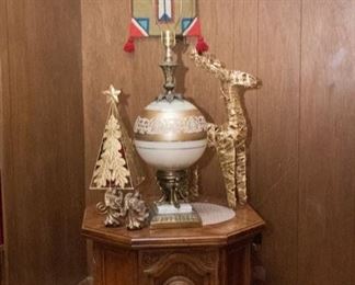 Octagon Drum Table: $60.00. Gilt and Brass Lamp: $60.00