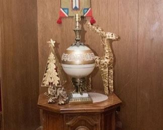 Octagon Drum Table:  $60.00.  Gilt and Brass Lamp:  $60.00