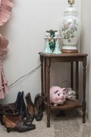 Antique Walnut Table w/Stretcher. (2'2"h x 1'4"w x 1'4"d): $60.00. Other Items Shown: Priced From $8.00-$18.00.