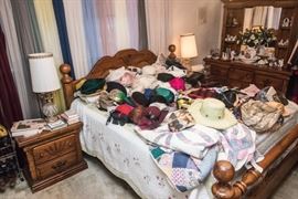 Carved Wood Front Night Stand. (2'h x 2'2"w x 1'4"d) 2 available. $60.00pr. Carved Wood Headboard, 4 Poster Bed King Size Bed. Includes The Mattress and Box Springs: $120.00.