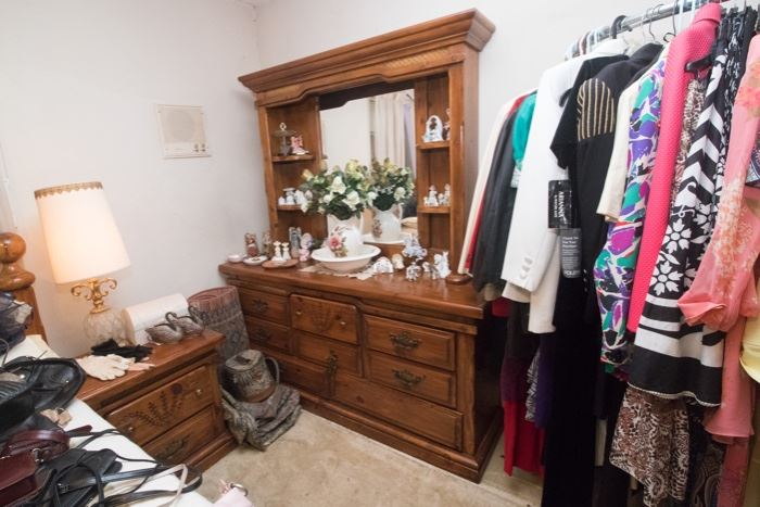 Carved Wood Front, 8 Drawer Dresser w/Mirror and Shelves (32"h to top of dresser/77"h to very top, 66"w x 18"d):  $130.00.  SOLD  1950's Wash Stand:  $50.00.  ALL Clothes On Rack Are Individually Priced.