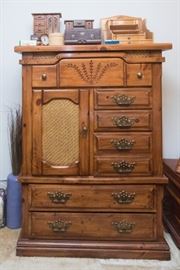 Carved Front Wood 7 Drawer, 1 Door Chest (56"h x 42"w x 18"d):  $130.00.