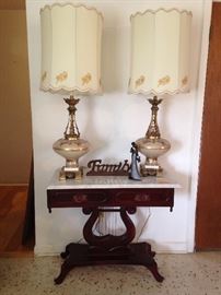 1950's Ornate Lamps w/Original Shades:  $195.00pr.  1950's Victorian Style Rosewood Lyre Base Entry Table w/Marble Top. (31"h x 36"w x 18"d):  $220.00  SOLD