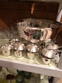 Magnificent Silver Plate punch bowl and cups