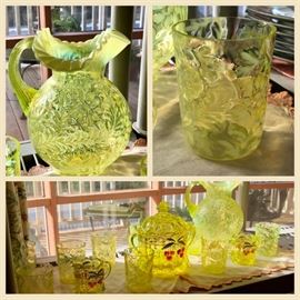 Westmoreland Cherry set

Made in vaseline opalescent glass by Fenton / L.G. WrightF From the 1950's era. The Daisy and Fern Pattern.  A very rare set to find. Pitcher and water classes