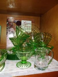 Green depression glass optic block dessert cups and plates